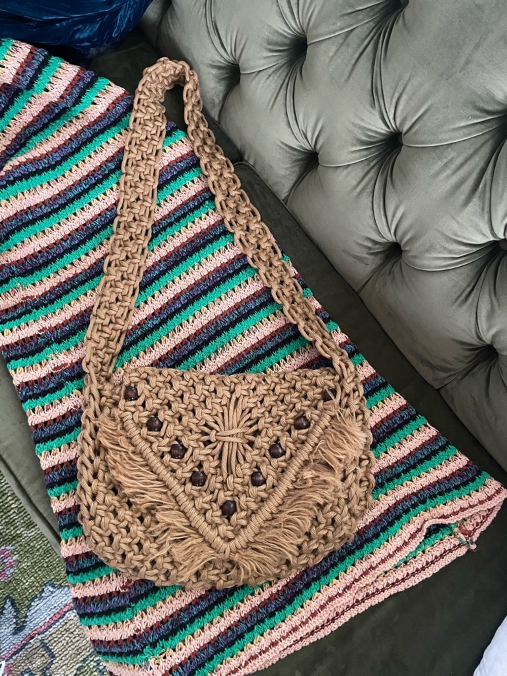 Genuine Handwoven 70’s Macramé Crossbody Bag in Tan